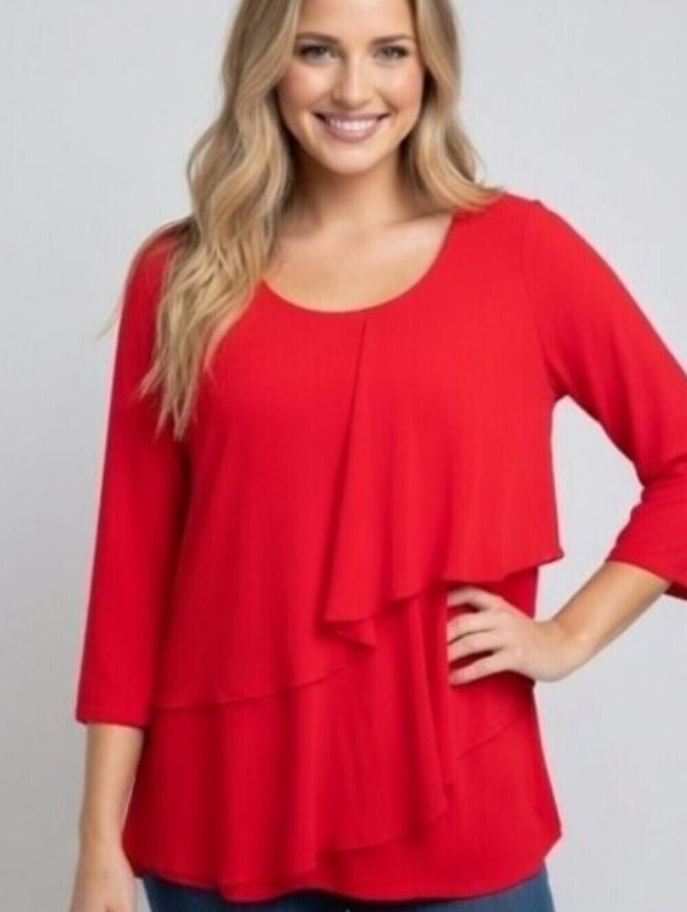 Red Assymetrical Tiered Ruffle Layered 3/4 Sleeve Top Size Small NWT
